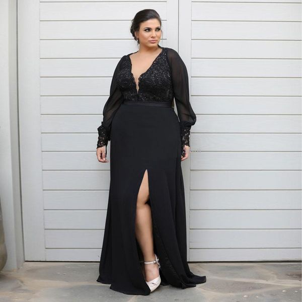 

chic lace mermaid plus size prom dresses long sleeves plunging neck beaded side split evening gowns floor length chiffon formal dress, Black