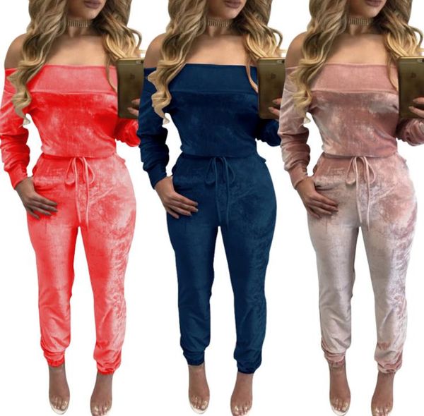 

Sexy Off Shoulder Womens Jumpsuits Designer Velvet Solid Color Casual Apparel Women Fashion Rompers