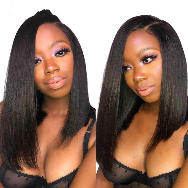 

2019 боковая часть фронта шнурка человеческих волос парики бразильское remy прямые волосы короткие боб парик с волосами младенца pre щипковы, Black