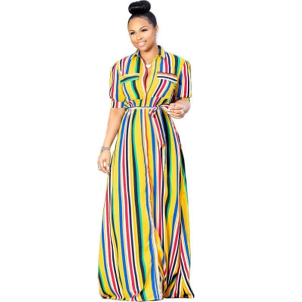 

women color stripe printing dress fashion famale short sleeve long shirt skirt clothing elegant designer summer v neck loose blouses, White