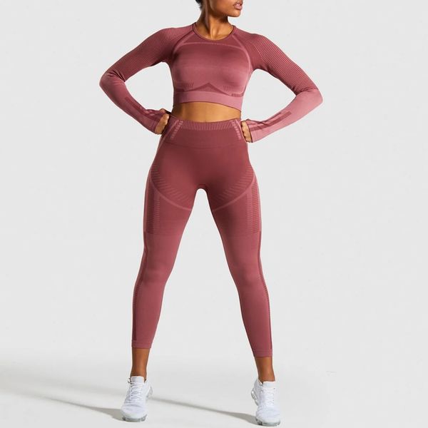 

2pcs seamless yoga set women fitness clothing workout pant sportswear long sleeve crop shirts gym leggings sports suits, White;red