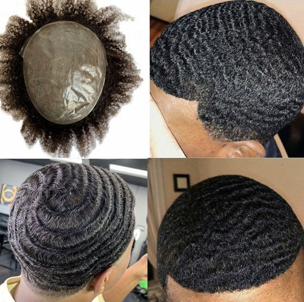 2019 Full Pu Afro Curly Men Toupee Thin Skin Wave Fine Human Hair