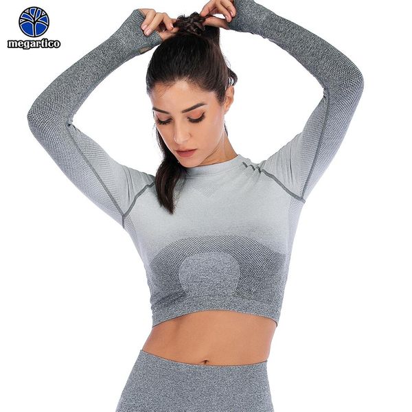 

megartico seamless crop long sleeve layer crew neck power stretch gym yoga crop with thumbholes running sport shirt, White;black