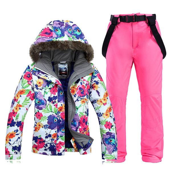 

flower colorful women snow wear ski suit 10k waterproof windproof breathable snowboarding outdoor costume jacket and blet pant
