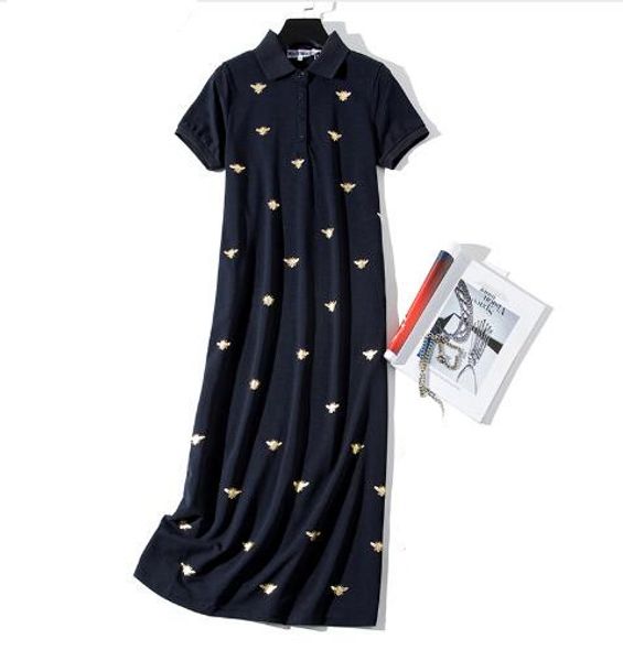 

wotwoy bee print long knee-length shirt dresses women 2019 casual turn-down straight dress female pockets cotton clothes, Black;gray