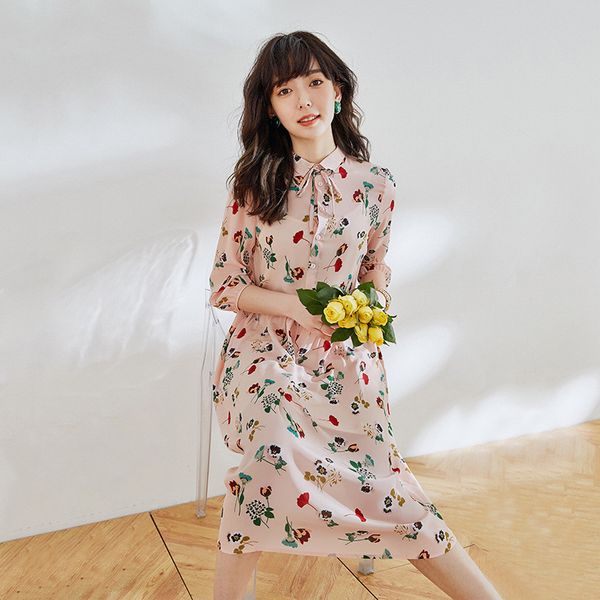 

rongtai] new single-layer silk french lace up lapel dress in summer 2020 floral crepe de chine silk lady, Black;gray