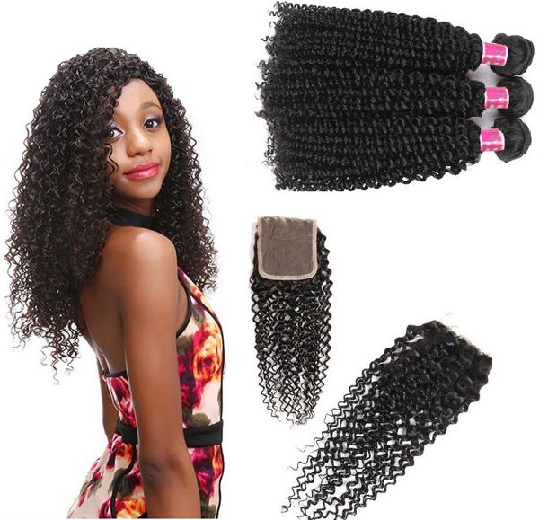 

kinky curly wave human hair bundles with closures 3+1 4*4 lace 100% brazilian virgin hair weaves double weft hair extensions 1b quality, Black