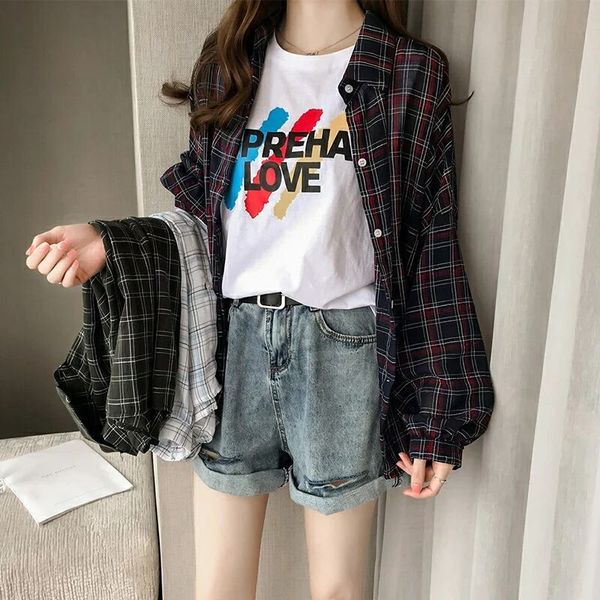 

spring and summer new hong kong style retro loose medium length plaid cardigan long sleeve bf shirt women's thin coat, Black;brown