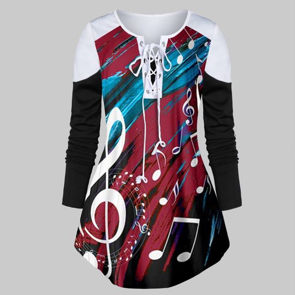 

women plus size music notes print blouse lace-up curved hem festival brief popular comfortable cute blouse, White