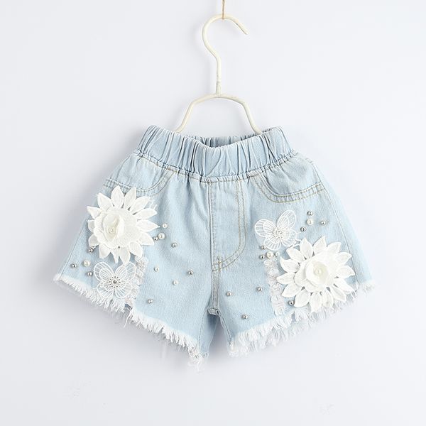 

toddler girl denim shorts summer kids fashion wholesale lots bulk clothes girl pants lace white flowers and pearl tassel hem, Black
