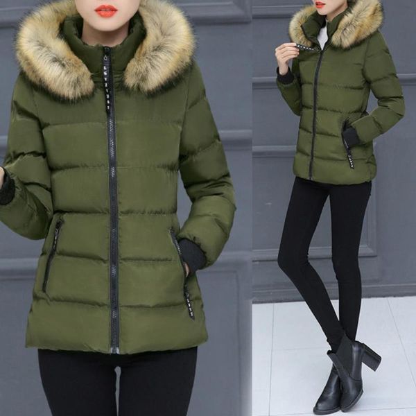 

зима женщины solid color zip искусственного меха с капюшоном тонкий короткие пальто хлопка пуховик, Black