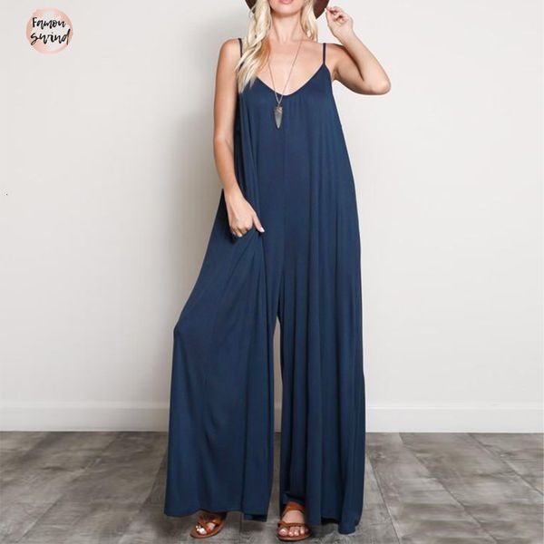 

2019 rompers summer women v neck strappy loose wide leg pants casual solid beach party long overalls, Black;white