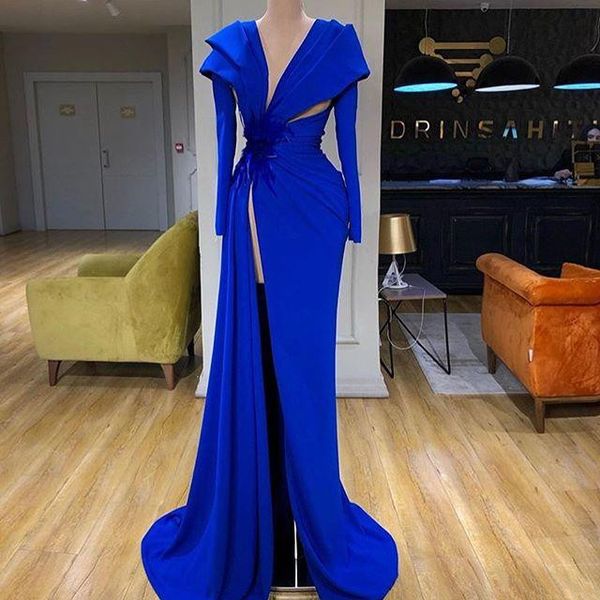 

royal blue 2020 пром платья высокого разделить с длинным рукавом вечерние платья перо beads saudi arabic официально платье, Black
