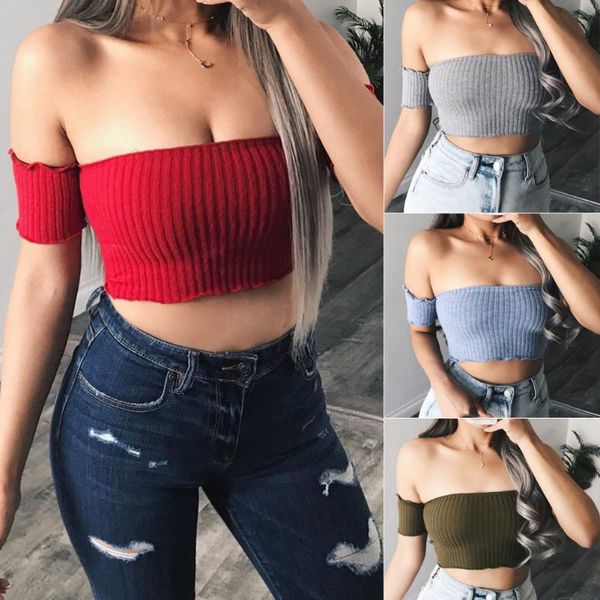 

summer crop women casual off shoulder short sleeve tcamisole crop female tank solid slim shirt s  l, White