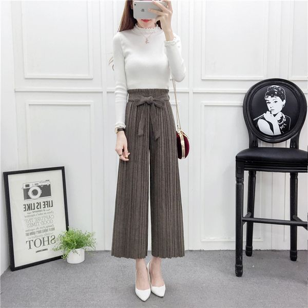 

casual ankle-length women woolen wide leg pants pleated high loose trousers straight solid sashes wool pants for women, Black;white