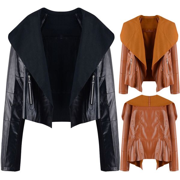

women's leather casual autumn winter zipper detail lapel jacket blouse solid color comfy overcoat chamarras de mujer, Black