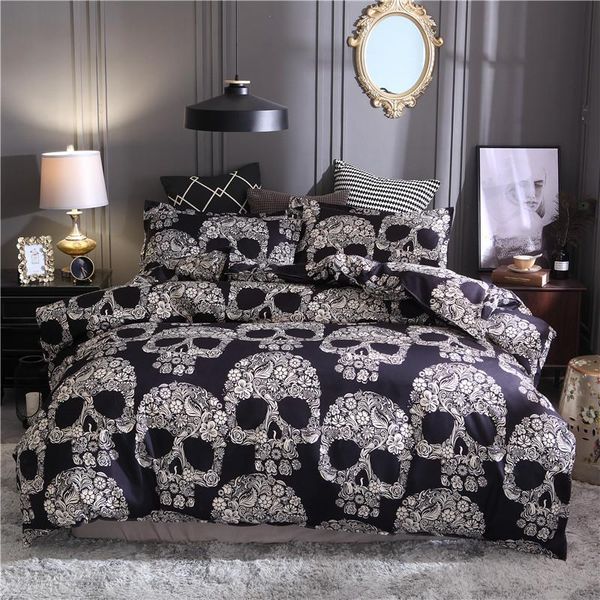 Schwarzer Bettbezug, Queen-Size-Luxus-Bettwäsche-Set mit Zuckerschädel, King-Size-Bett, 3D-Totenkopf-Bettwäsche und Bettwäsche-Sets