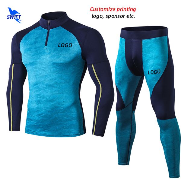 

2020 new men's quick dry 2pcs sport suit stretch long sleeve shirt+pants running set gym fitness compression tracksuit customize, Black;blue