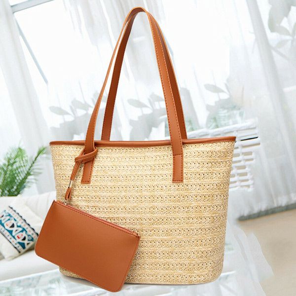 

2019 new women bag hand-woven rattan handbag lady straw purse wicker shoulder beach bag gift fashion 2pcs/set