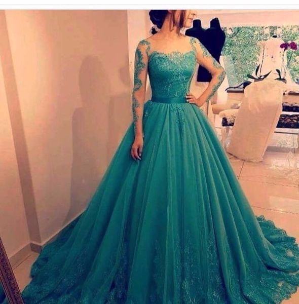 

customized ball gown teal blue prom dress 2018 long sleeves lace applique elegant saudi arabia formal evening party gowns, White;black
