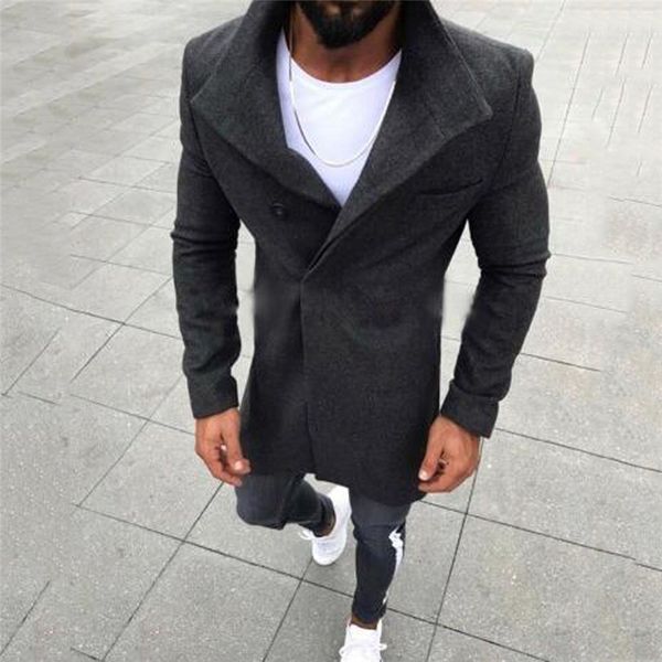 

oeak новая мода мужская шерсть кнопка сплошной цвет с длинными рукавами ветровка шерстяное пальто мужчины зимнее пальто мужчины длинные тран, Black