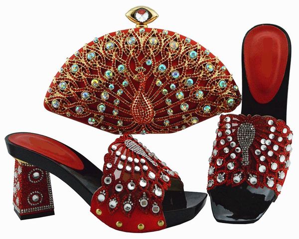 

new fashion red women pumps and bag set with big crystal decoration african shoes match handbag for dress qsl004,heel 9cm, Black