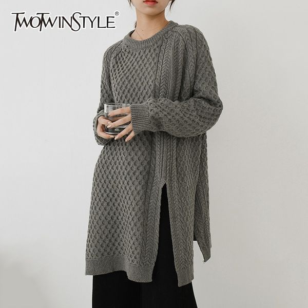 

twotwinstyle knitting pullover female o neck long sleeve side split oversized sweater for women 2019 spring casual fashion, White;black