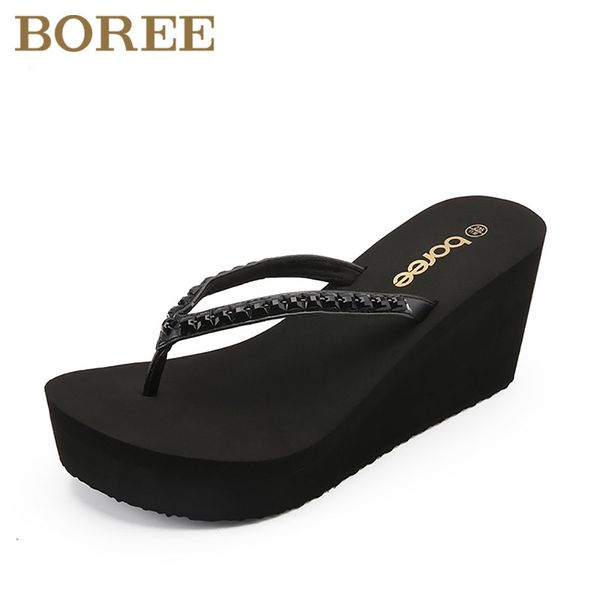 

boree women summer bling crystal slippers flip flops platform wedges slipper vacation beach outdoor sandals femmes chaussures, Black