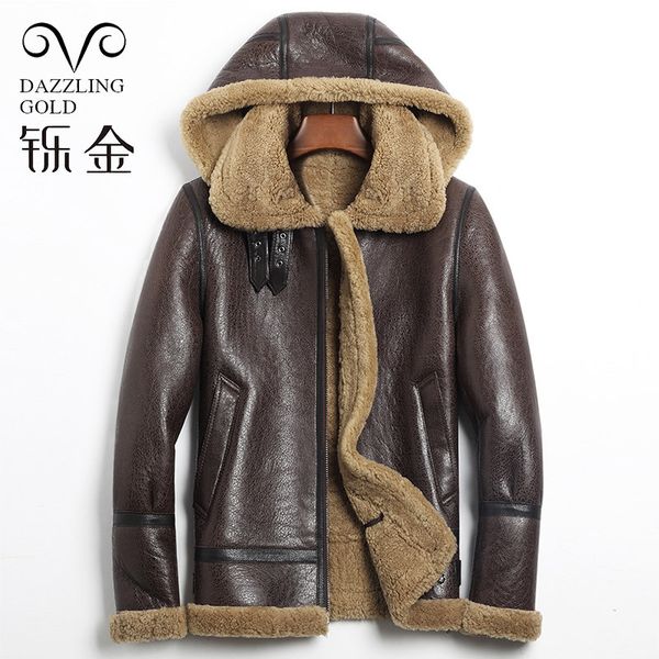 

100% real australian sheepskin men coat genuine leather wool jacket with hat for men motorcycle clothing thick warm in winter, Black