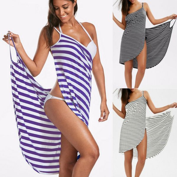 

womens striped swimwear beach cover up wrap sarong sling skirt maxi dress