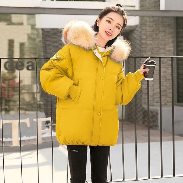 

korea fashion winter women parkas big fur collar hooded loose yellow winter jackets bat sleeved casual warm cotton coat d262, Black