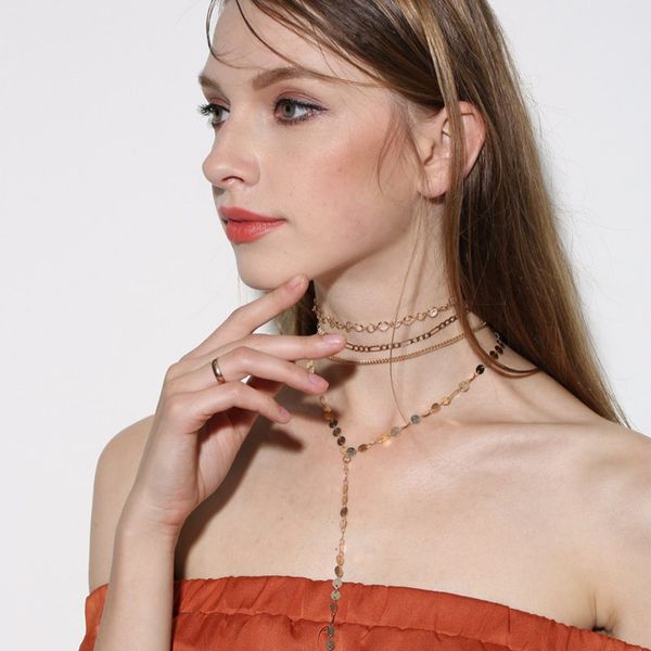 

classic 4 pcs jewelry metal chain choker necklaces crystal beads slender necklace set charm accessories for women, Golden;silver