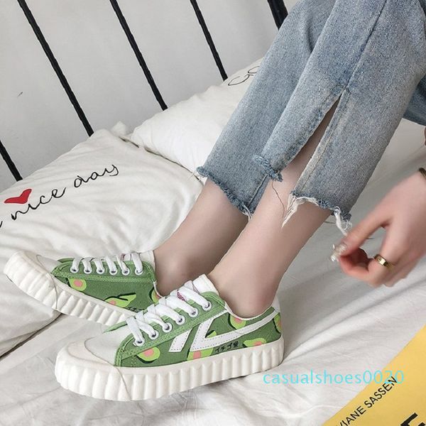 

womens shoes 2020 fashion breathable vulcanized leather shoes lacing platform white hand-painted avocado casual shoes c20, Black