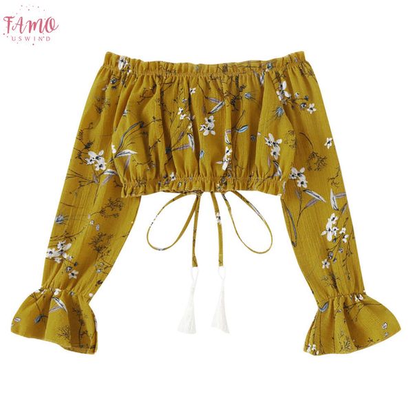 

women summer off shoulder chiffon long sleeve print clothes t shirt sleeve shirt summer white yellow red58