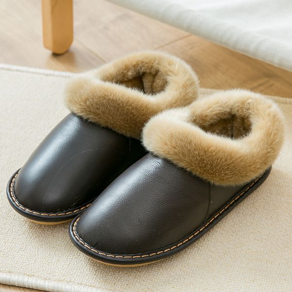 

coslony 2019 winter plush warm home leather slippers non-slip thick warm house shoes cotton men slippers plus size indoor shoes, Black