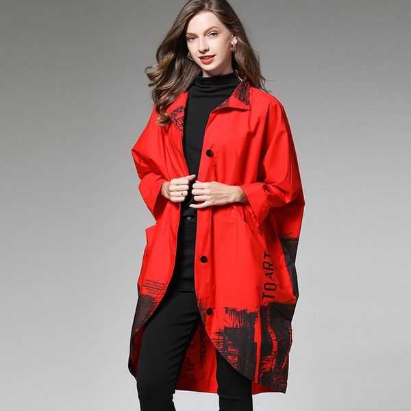 

spring trench coat women western style print loose asymmetric letter batwing sleeve stand collar female fashion coats tide, Tan;black