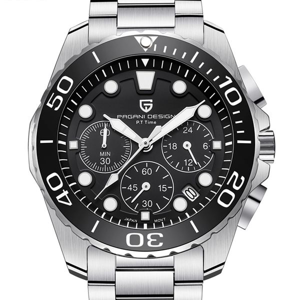 

44 mm pagani design black dial date satch chronograph quartz watch men luxury stainless steel men's casual sports watches, Slivery;brown