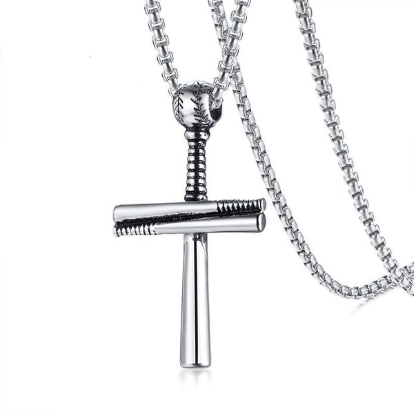 

hip hop baseball cross pendant necklace stainless steel ball bat chain men collares 24" for guys sport jewelry pn-1096, Silver