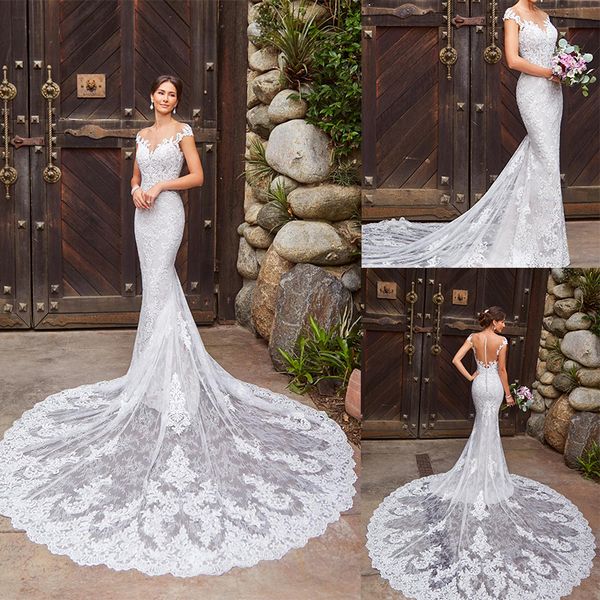 

kittychen mermaid dresses sheer v neck appliques lace bridal gowns backless sweep train beach wedding dress, White