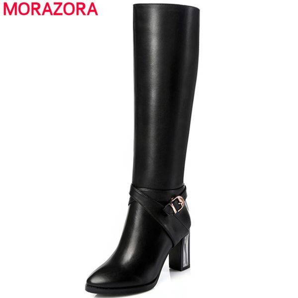 

morazora knee high boots women pu+genuine leather boots heels women's winter fashion big size 34-45, Black