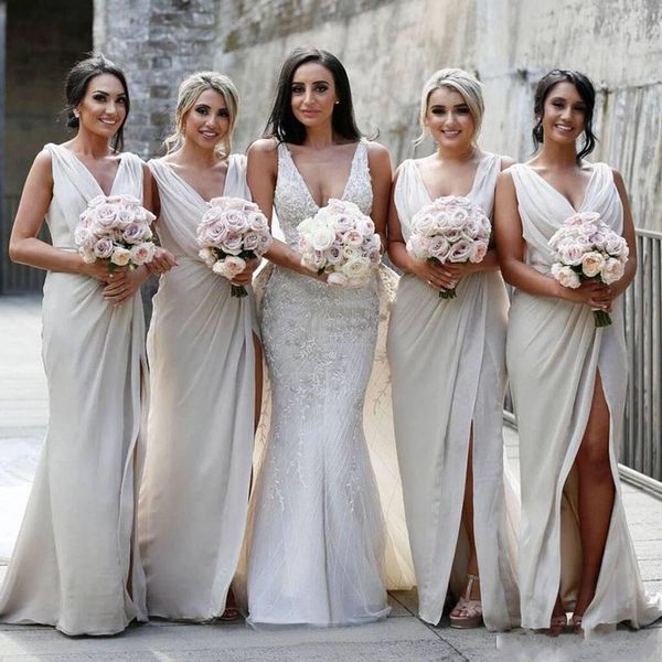 

new champagne vintage bridesmaid dresses for weddings v neck sleeveless split floor length plus size formal maid of honor gowns, White;pink