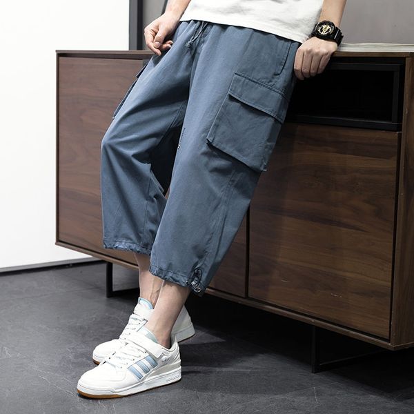 

2020 summer new youth popular loose solid color men's overalls fashion casual wide leg cropped pants khaki / black / blue