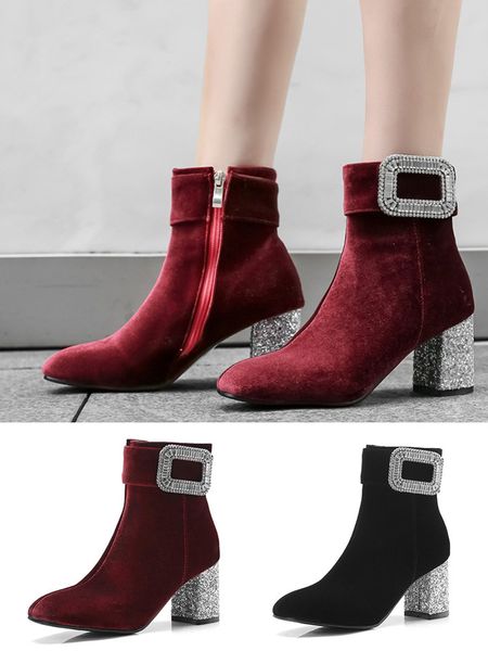 

35 # зима с rhinestone пряжка сапоги указано женский грубая обувь на высоких каблуках, Black