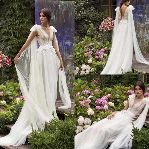 

papilio 2020 wedding dresses sheer v-neck sleeveless lace appliqued bridal gowns noble backless sweep train a-line wedding dress, White