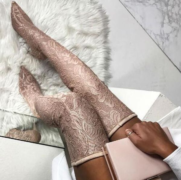 

2018 pink floral lace pointy toe stiletto over the knee boots ladies thigh boots women fashion high heel, Black
