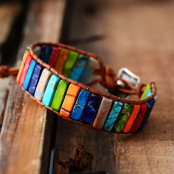 

chakra bracelet jewelry handmade multi color natural stone tube beads leather wrap bracelet couples bangle bracelets gifts, Golden;silver