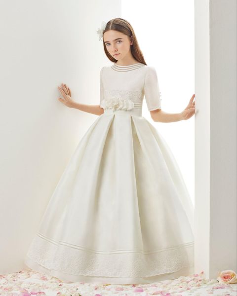 

ivory princess flower girl' dresses lace ruffle jewel neck half long sleeve girls pageant dress custom made kids formal dress birthday, White;blue
