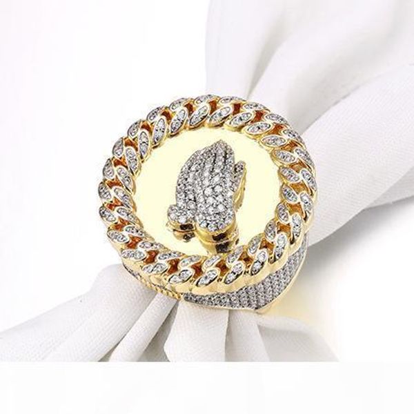 

wide men rings praying hand cz crystal paved bling bling punk big vintage ring men hip hop jewellery gold color gift box, Silver