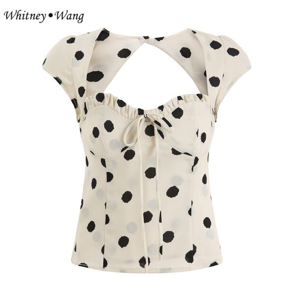

whitney wang blouses 2020 spring summer fashion vintage style backless polka dot slim blouse women blusas lady shirt, White