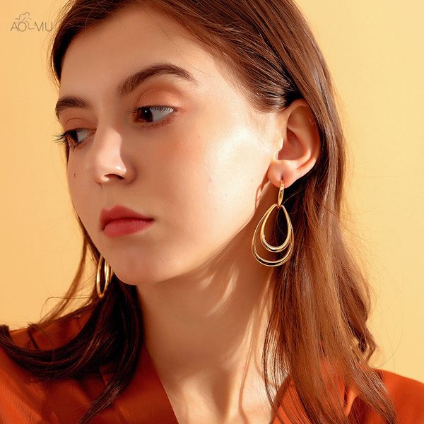 

aomu exaggerated punk matte double gold drops metal gold silver color stud earrings for women birthday gifts party jewelry, Golden;silver
